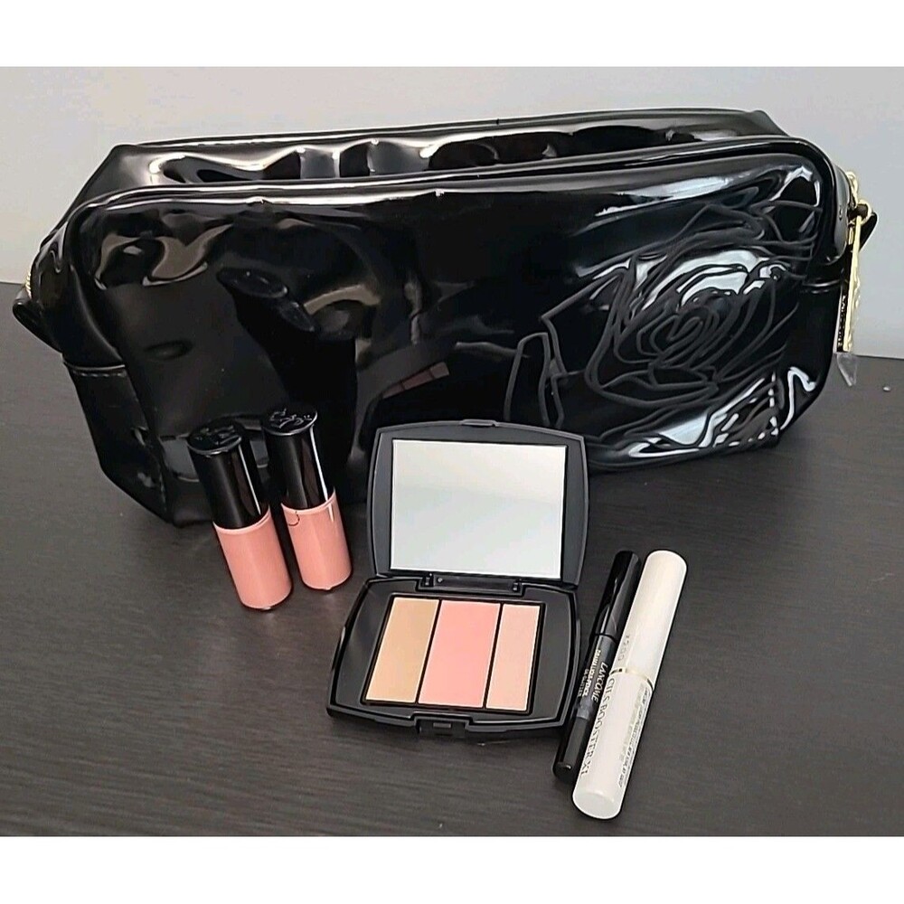 6pc Lancome Black Makeup Bag+ Cils Booster Drama Liqui-Pencil Blush Subtil Gloss